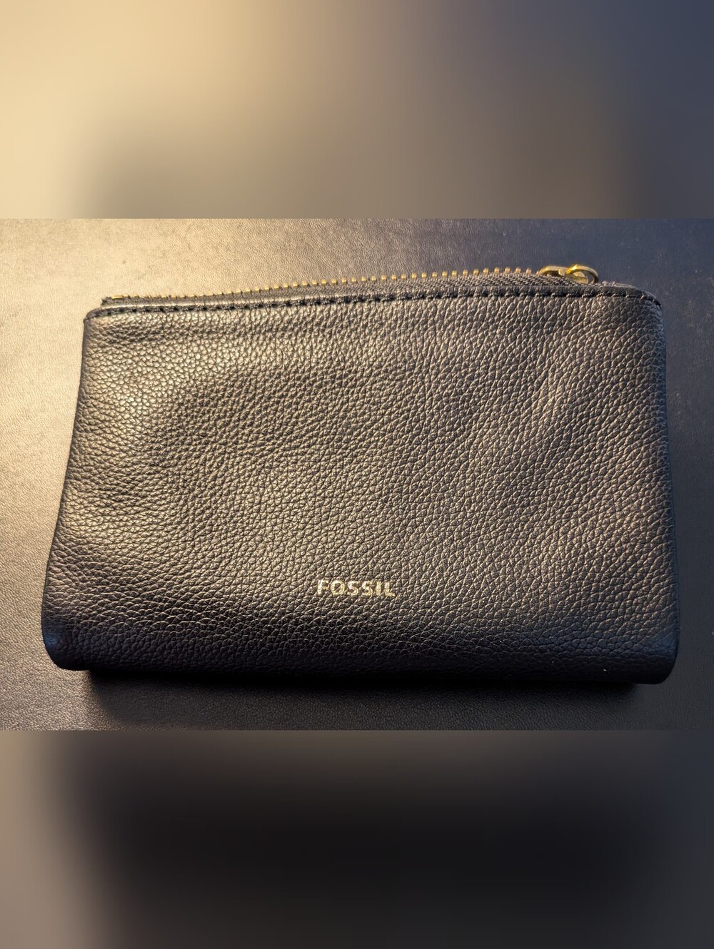 Fossil Black Pebble Leather Zip Wallet with Gold Hardware